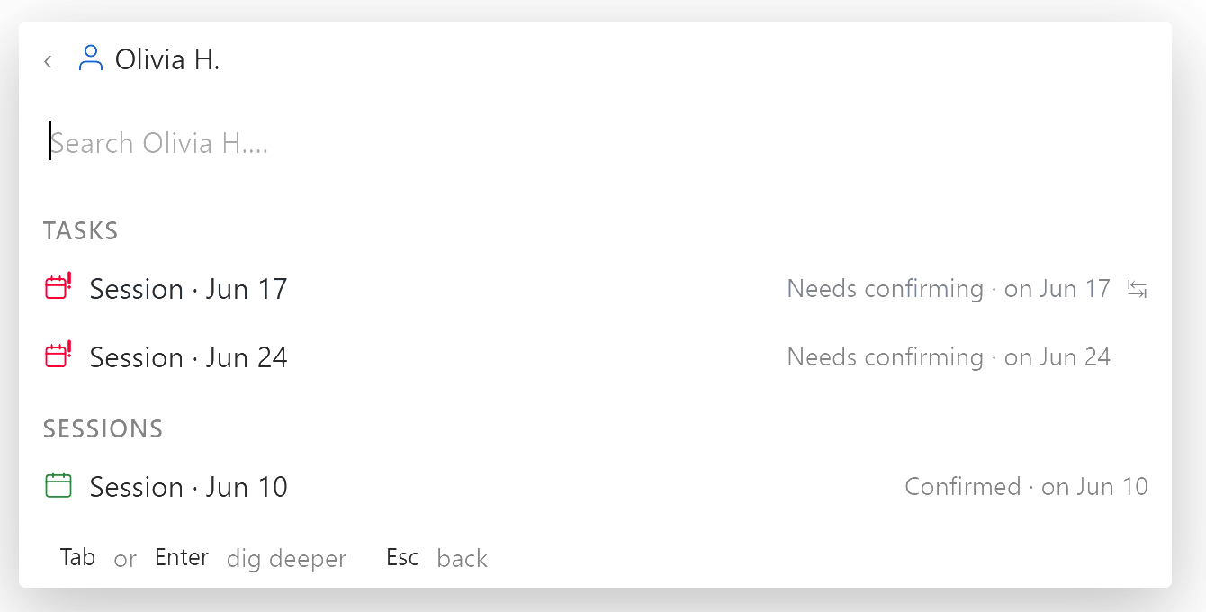 A client scoped to Olivia H., listing only her open tasks and confirmed sessions.