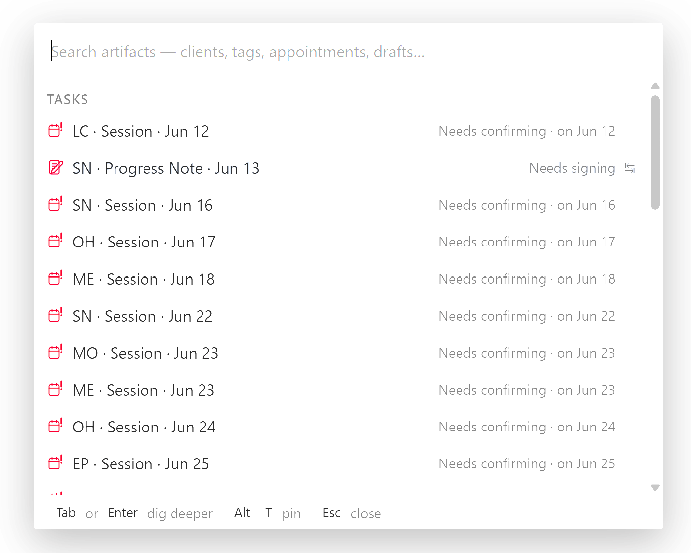 Charybdis command palette showing a ranked list of tasks — sessions to confirm and a progress note that needs signing.